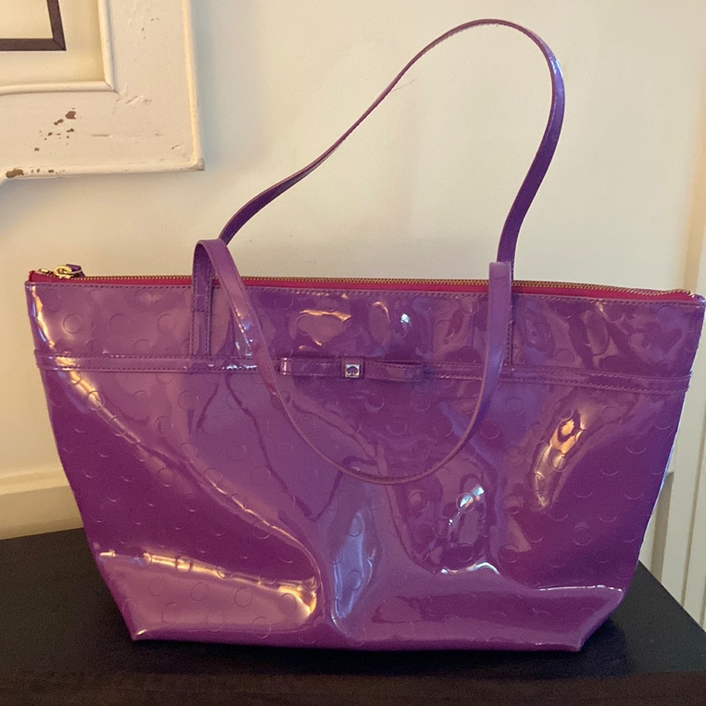 Kate Spade Camelia Street Purple Patent large Tote Bag Dots and Bows